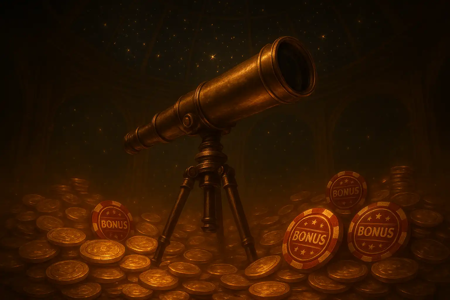 Brass telescope surrounded by glowing bonus coins inside the Kingia observatory dome
