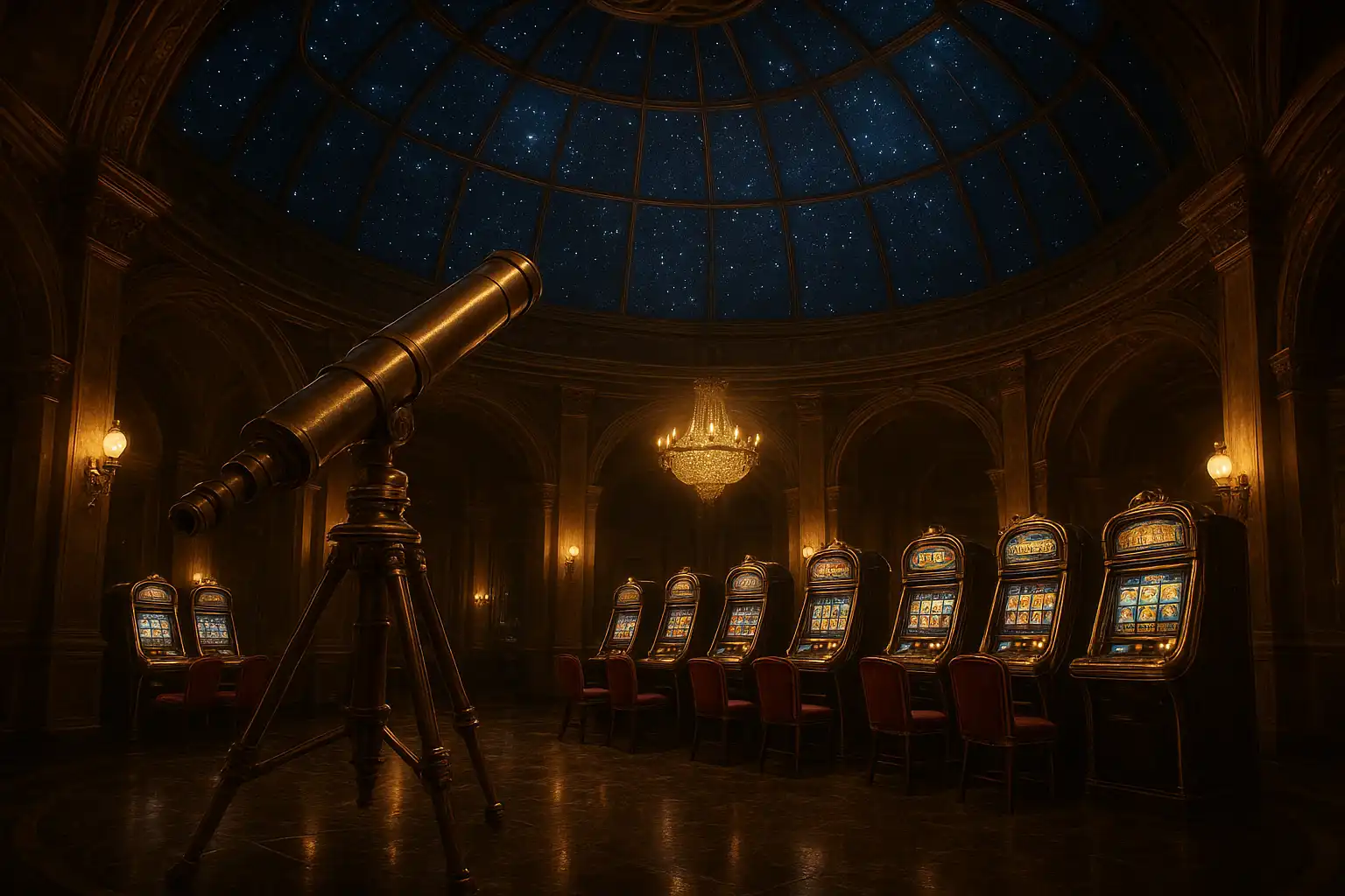 Grand Kingia observatory dome with brass telescopes and glowing slot machines