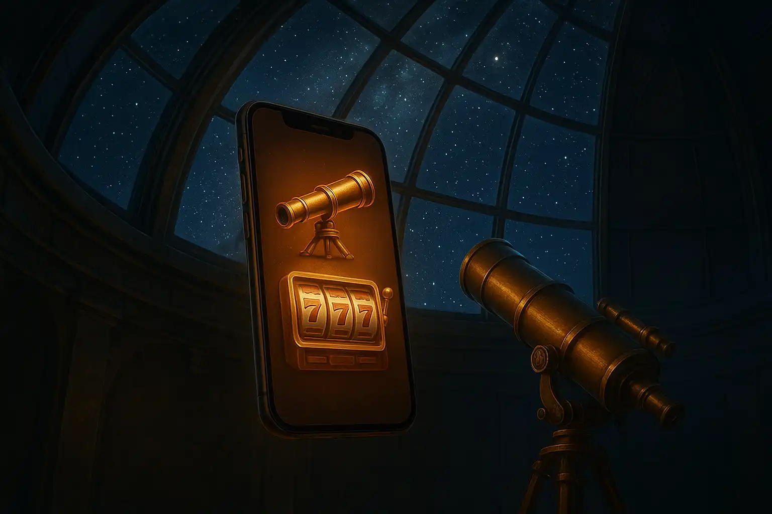 Smartphone displaying the Kingia observatory dome interface with brass telescope icons