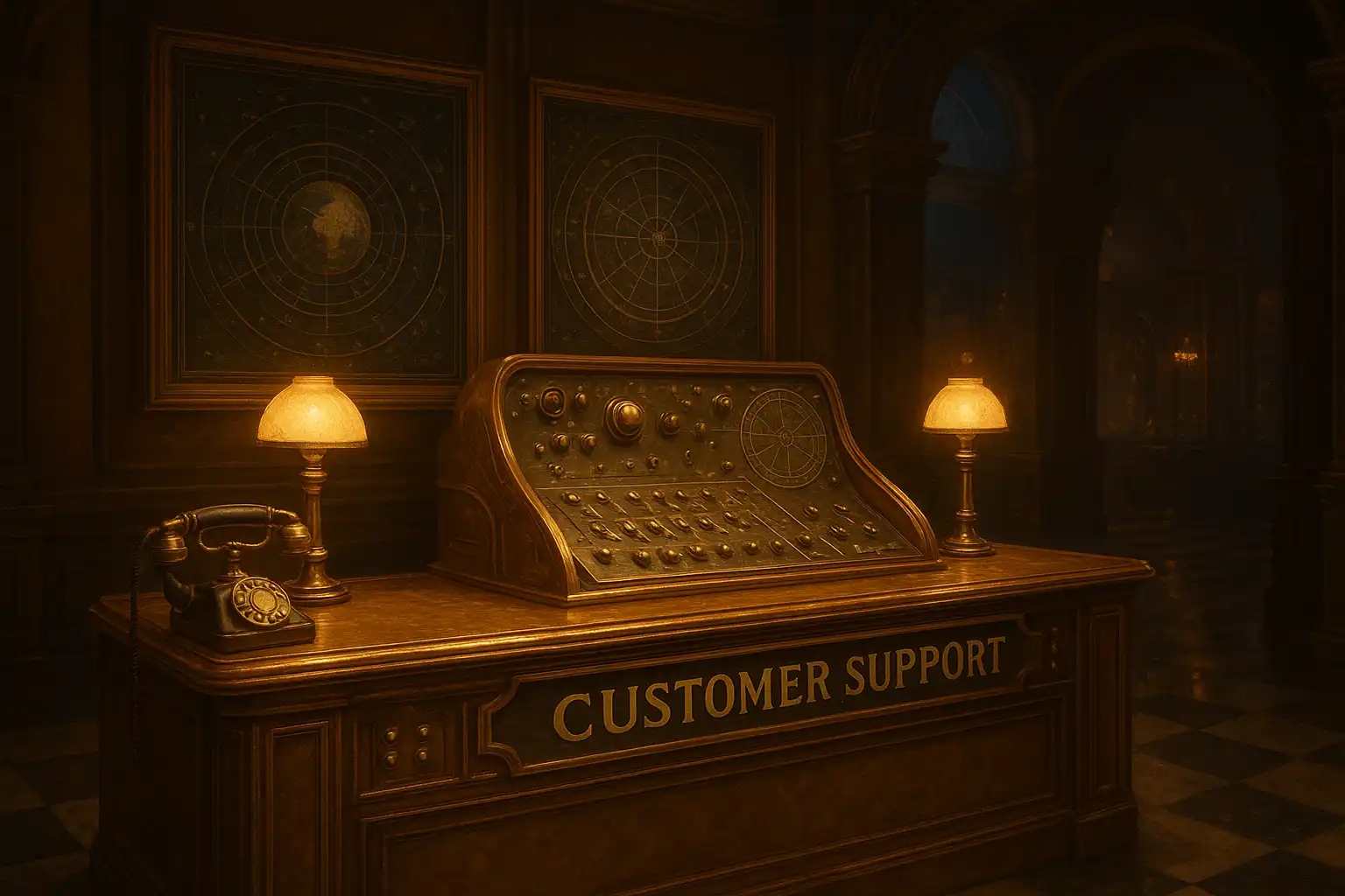 Observatory control desk with brass instruments representing the Kingia support team