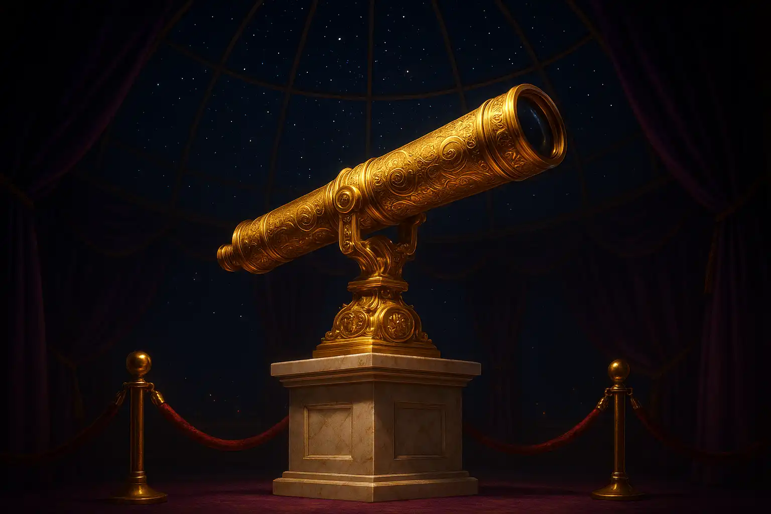 Golden telescope on a marble pedestal representing the Kingia VIP Club tiers